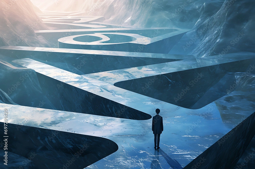 abstract maze solution, path divergence, critical decision point, crossroads
