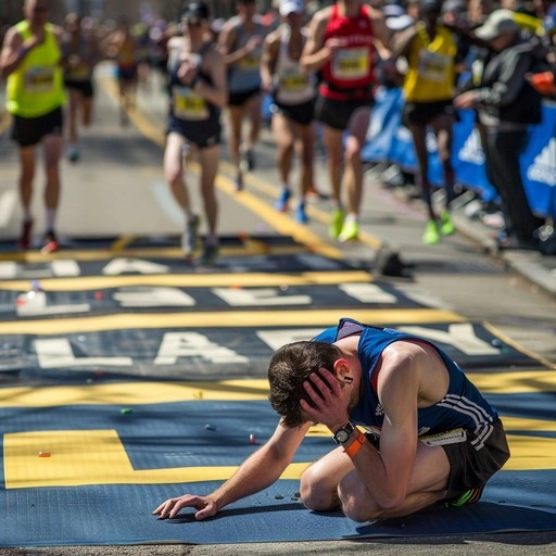 marathon runner exhausted, dead end sign, wasted effort, dark path