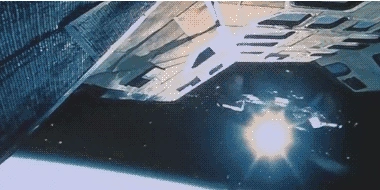 Interstellar docking scene chaos, astronaut panic, spaceship exploding, intense movie moment