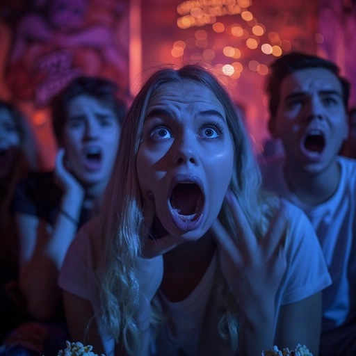 TikTok style movie reviewer, dramatic lighting, hands to face, film reaction