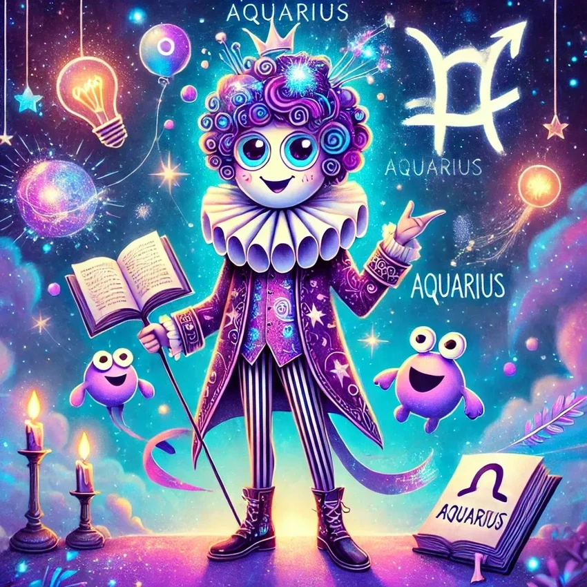 Aquarius zodiac sign with quirky, eccentric humor, surreal comedic scene