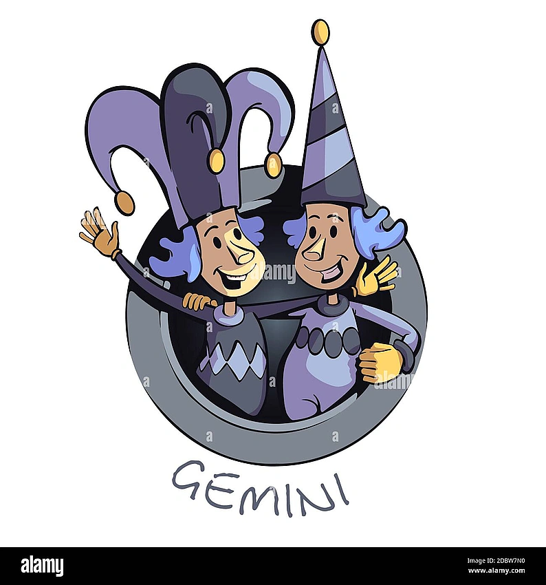 Gemini constellation mischievous expression, cartoon character with two heads telling jokes