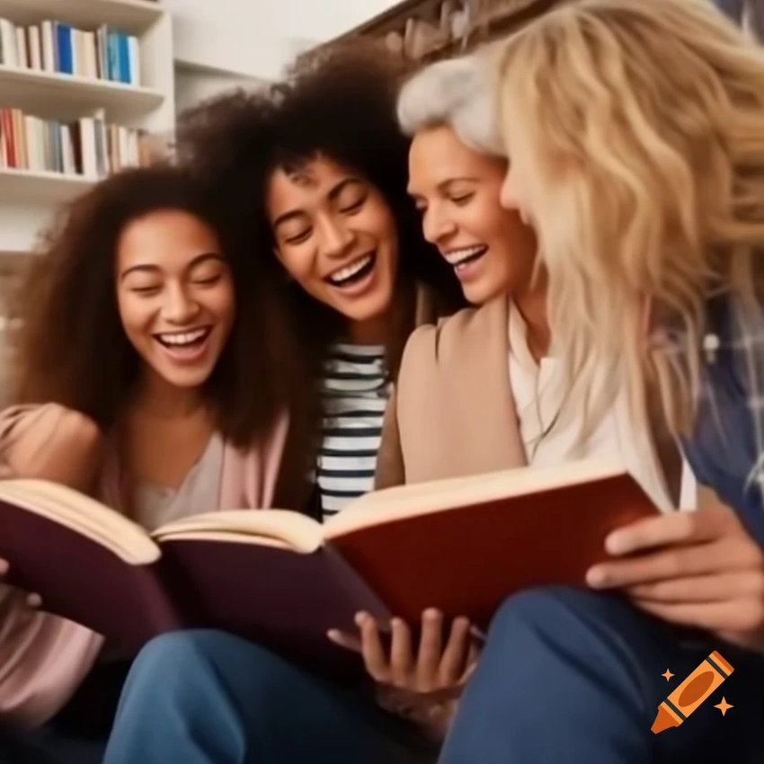 Group of women laughing, friends reading books, joyful women, self-care routine
