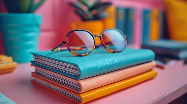 Brightly colored modern book covers, iced latte, sunglasses, aesthetic book stack