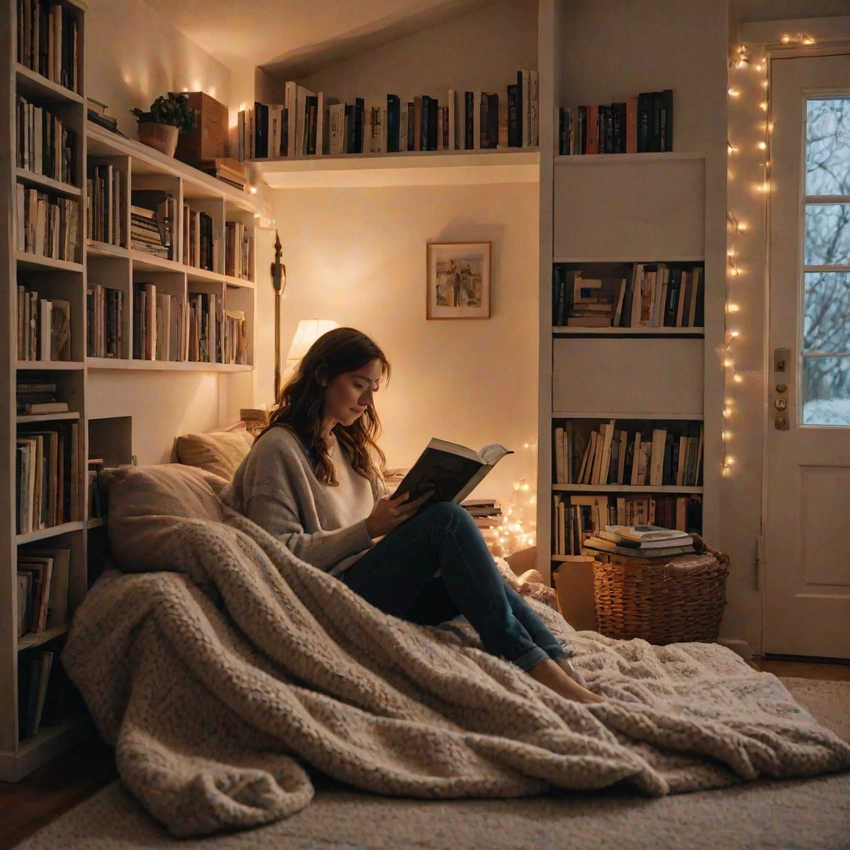 Woman laughing with a book, cozy reading nook, stylish home decor
