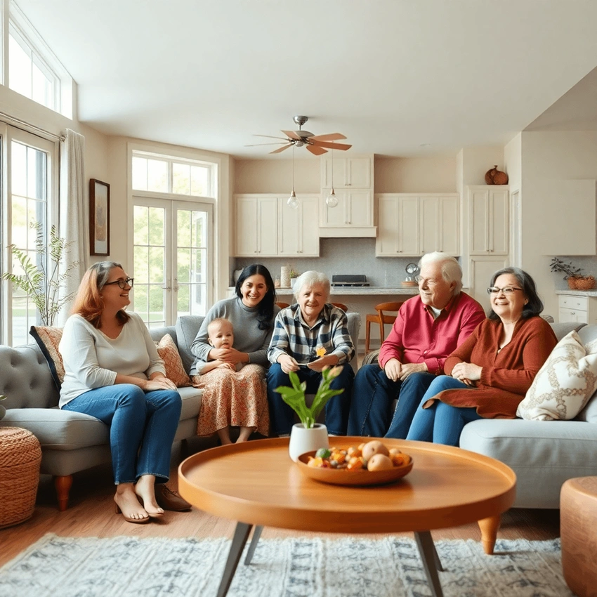 Multi-generational family discussion living room