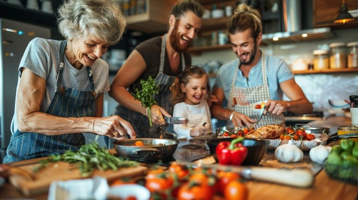 Happy multi-generational family cooking together
