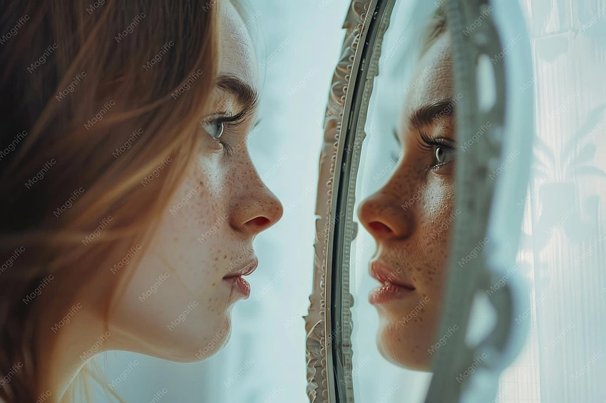 Woman looking at reflection, thoughtful