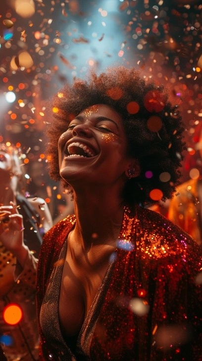 woman laughing freely, joyful adult, sparkling aesthetic