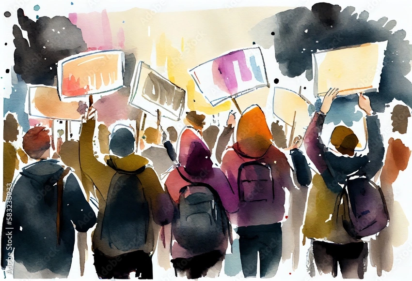 protestors holding signs in front of a blurred abstract AI background