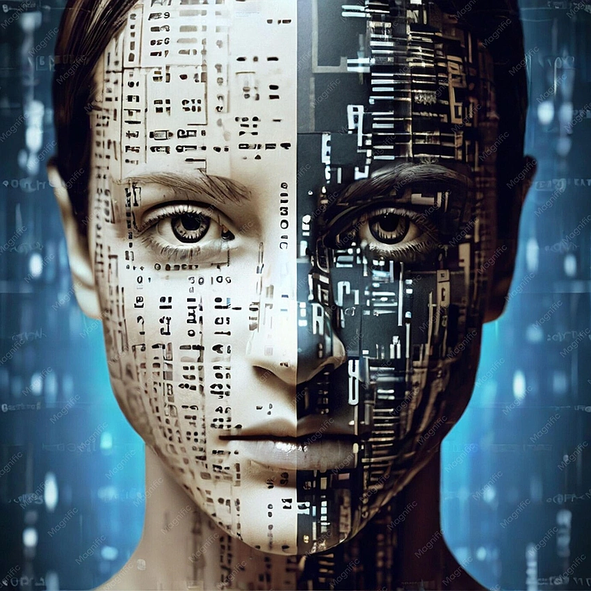 magnified view of complex code with human faces superimposed subtly