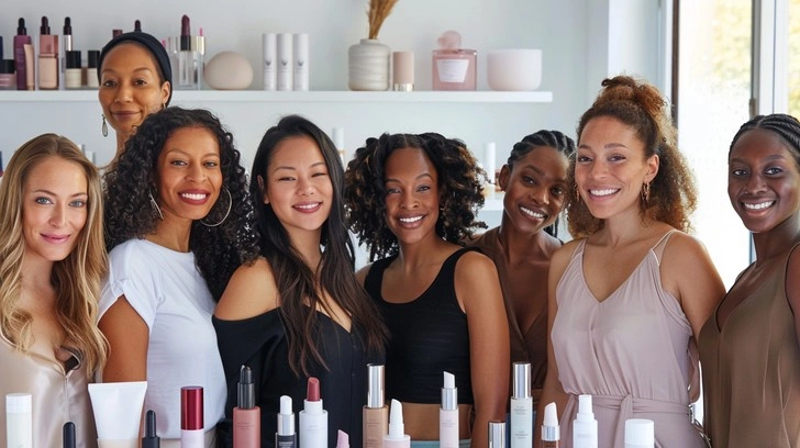 diverse women confidently using beauty products, vibrant and joyful