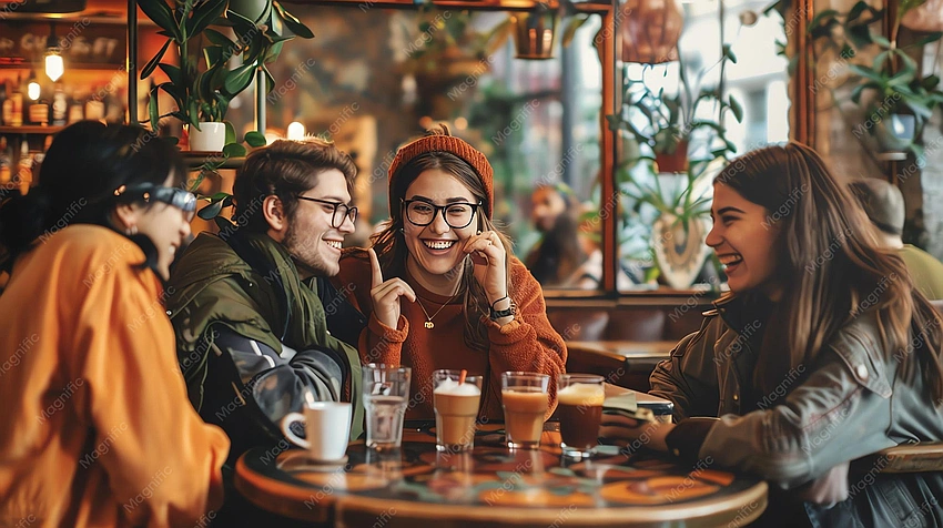 friends laughing together cafe