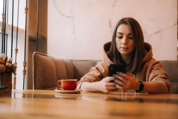 Cozy coffee shop scene, someone texting