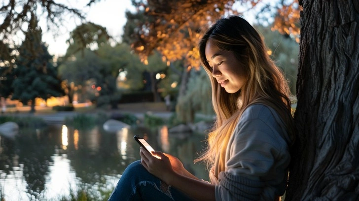 Person texting in a beautiful, balanced setting
