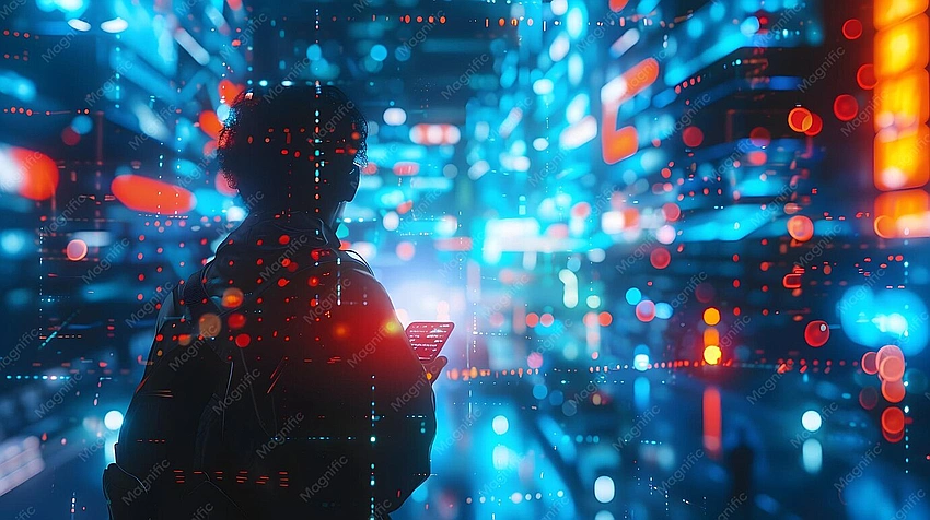 Futuristic person texting, surrounded by abstract ideas