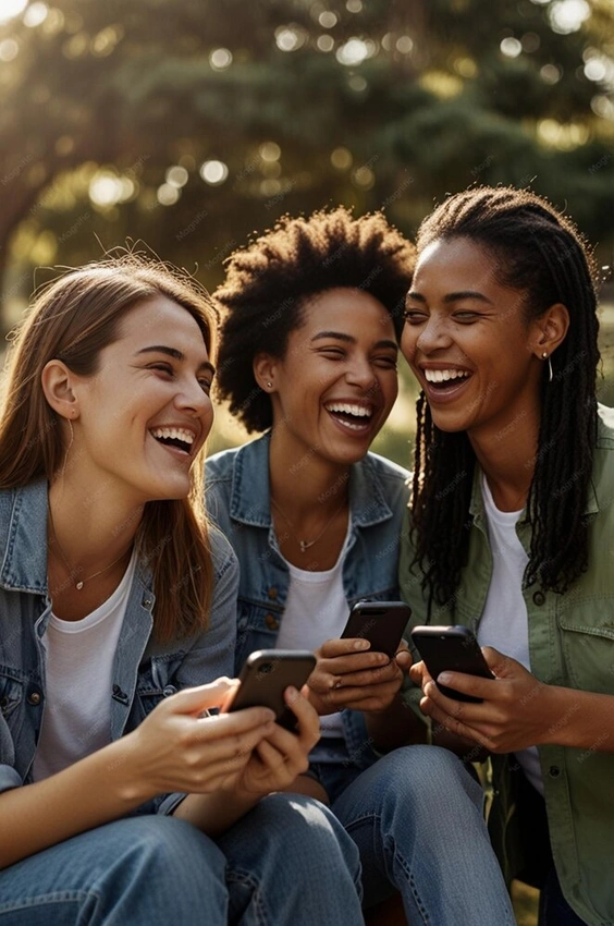 Person laughing while texting, multiple chat bubbles