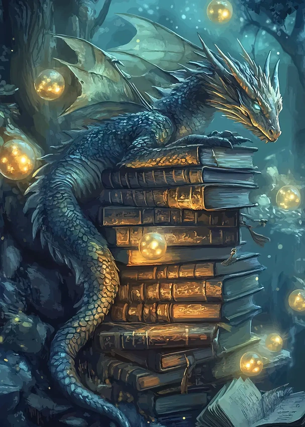 'fantasy book stack, dramatic lighting, dragon aesthetic'