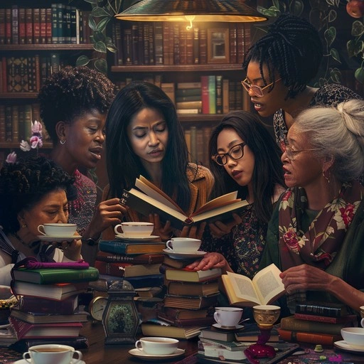 diverse group of women discussing book, community gathering