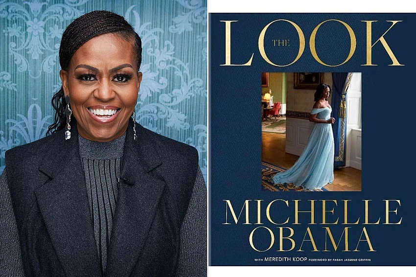 Michelle Obama thoughtful portrait, book in hand