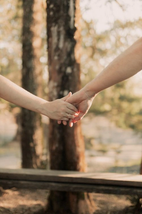 two people holding hands in natural setting, genuine connection