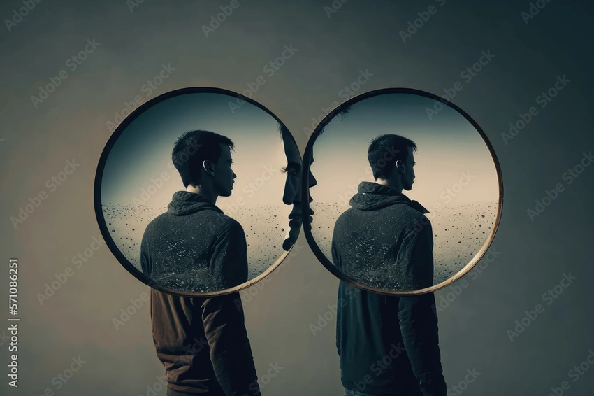 distorted reflection in mirror, idealized person
