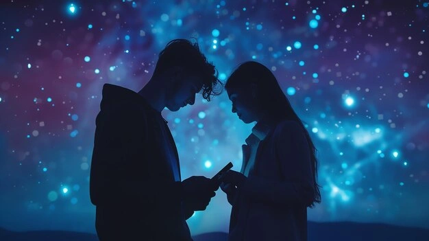 daydreaming person looking at phone, romantic fantasy