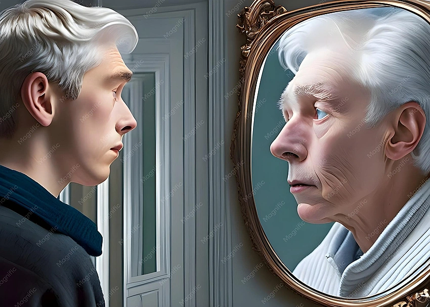 person looking at reflection calmly, self-reflection and growth