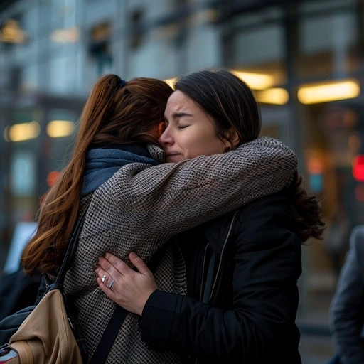 Two people talking empathetically, warm embrace