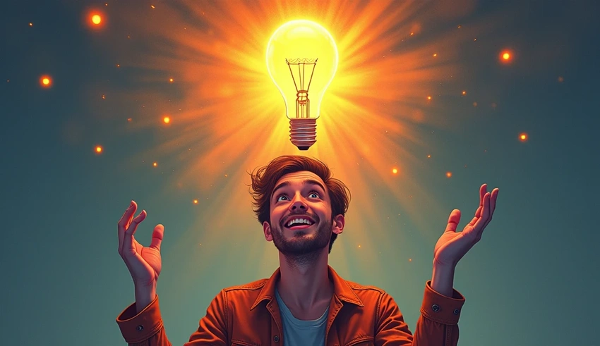 Person looking in mirror with a smile, overcoming obstacles, lightbulb moment