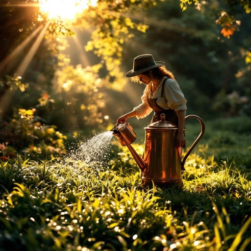 Pexels photo of a person happily watering a vibrant garden with a watering can, golden hour light, focus on sustainable living.
