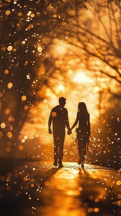 Couple holding hands, walking in golden hour light, feeling connected