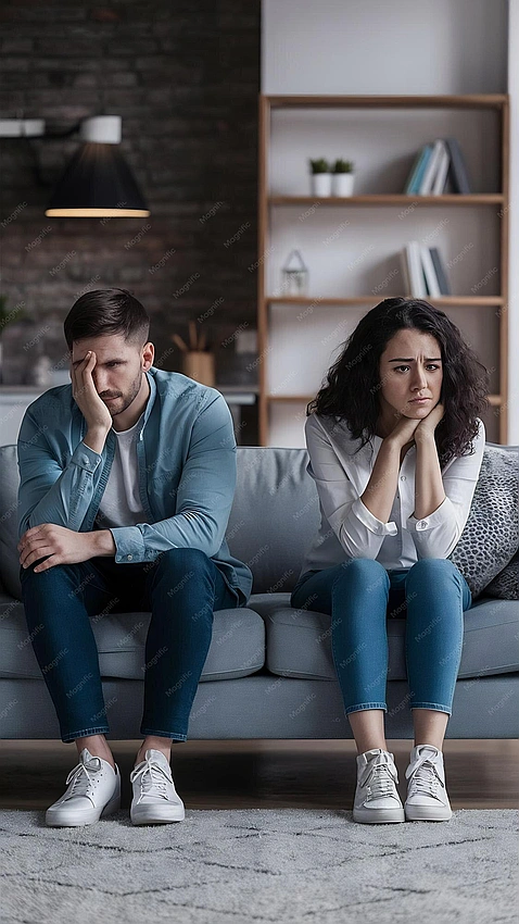Couple sitting apart, thinking, subtle frustration cues