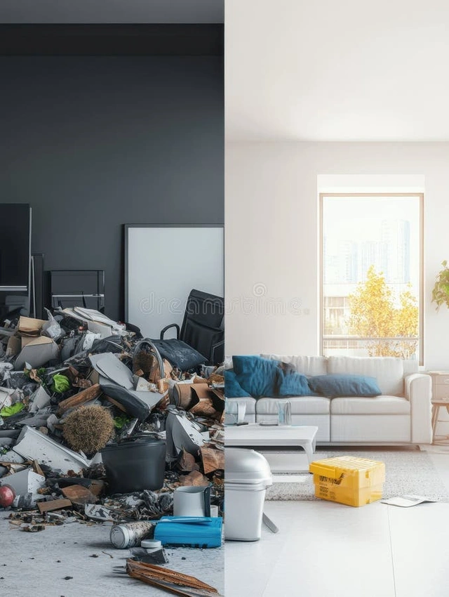 Contrast cluttered small apartment vs minimalist mansion