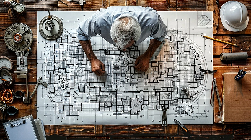 Architect struggling with complex blueprint