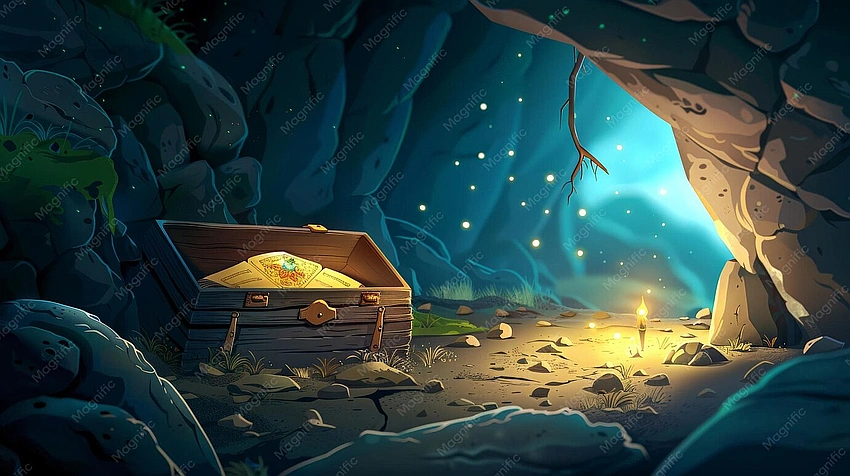 Treasure chest in dark cave, glowing light