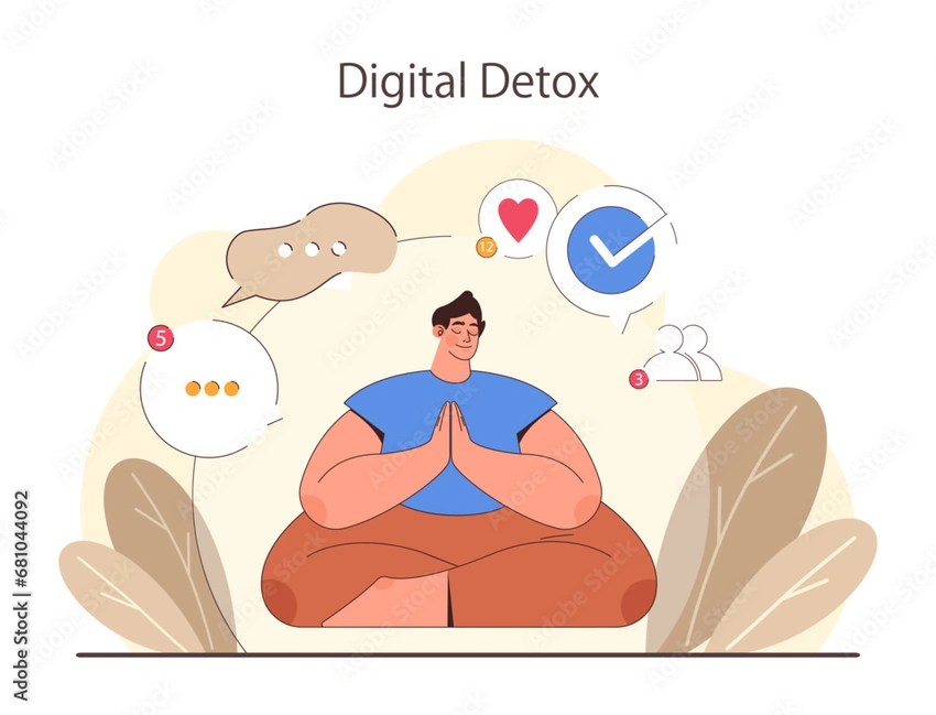 Person meditating away from screens, digital detox, mindful tech use