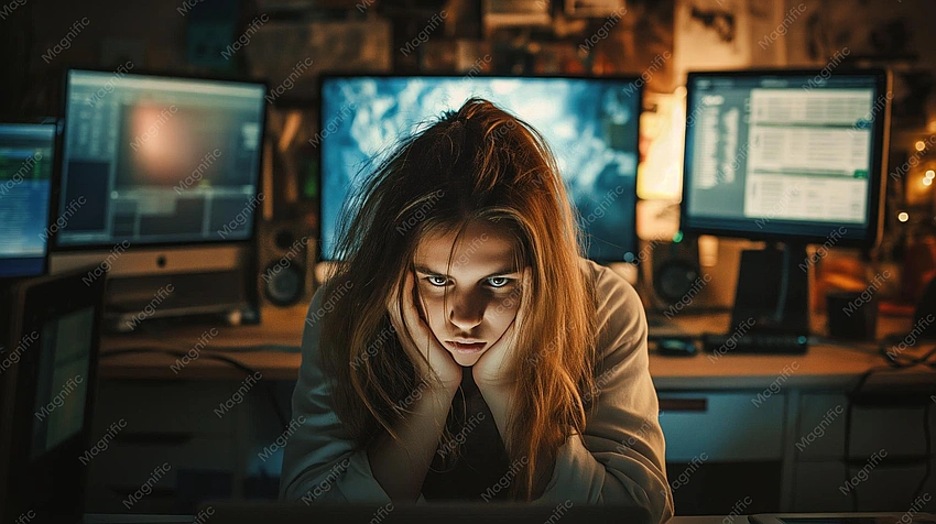 Person staring blankly at glowing screen, overwhelmed digital noise