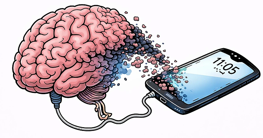 Brain overloaded with digital information, tired eyes scrolling phone