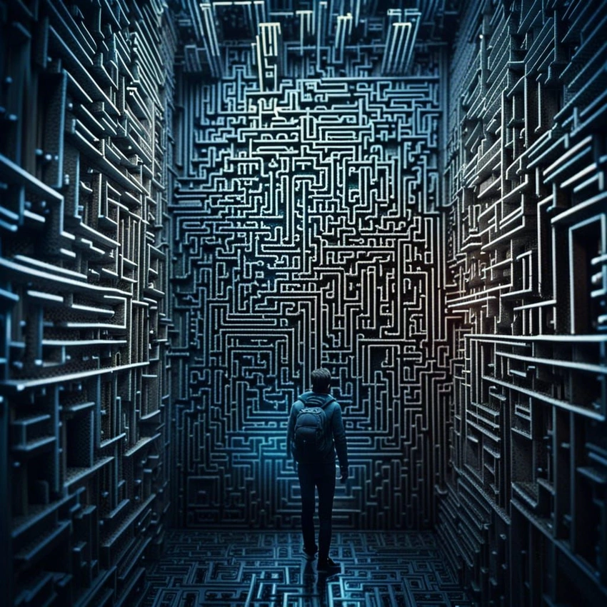 Person trapped in a digital maze, narrow perspective digital filter