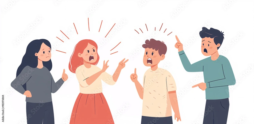Teenager looking stressed with people arguing in background, illustration