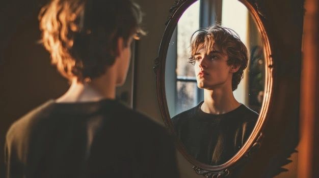 Person reflecting in mirror, surrounded by blurry faces, thoughtful, moody colors