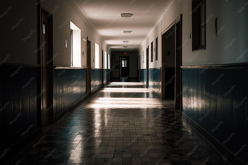 desolate boarding school hallway, vintage film aesthetic
