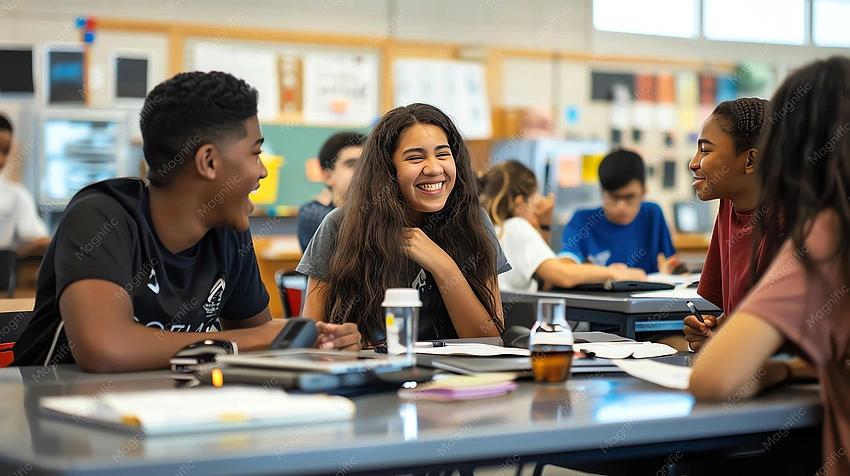 Diverse group of high school friends laughing, looking at a book together.
