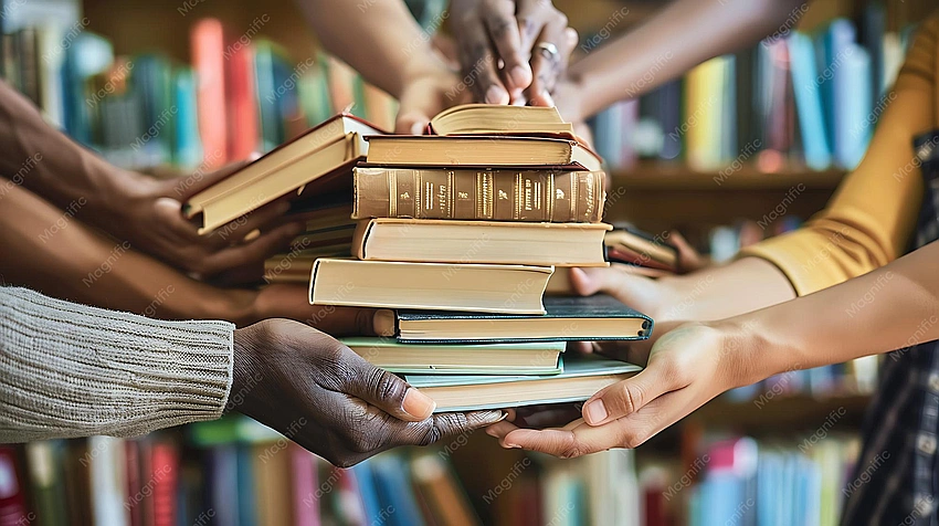 Stack of diverse young adult books, hands reaching for different titles.