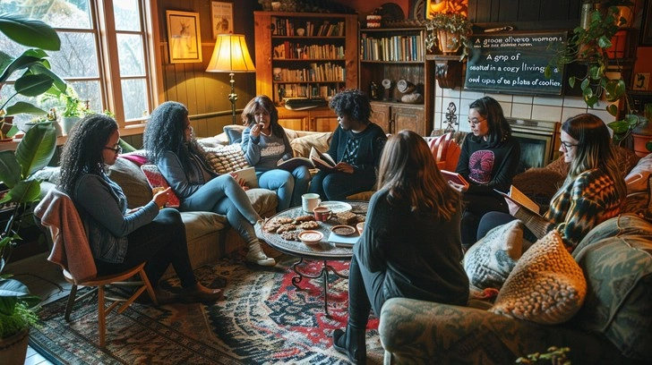 Cozy book club meeting, teens laughing, snacks and books on coffee table.