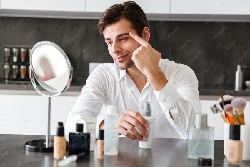 Stylish man applying subtle makeup, natural look, modern aesthetic