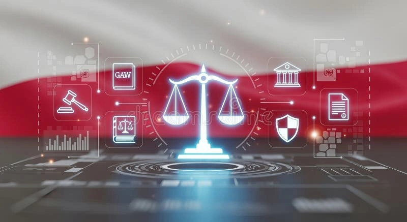 Scales of justice with national flag and digital logo, government regulation cyber security illustration