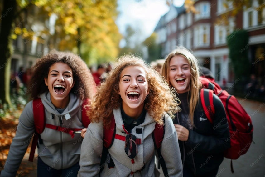 diverse teenage girls laughing together aesthetic