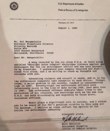 N.W.A FBI letter historical document